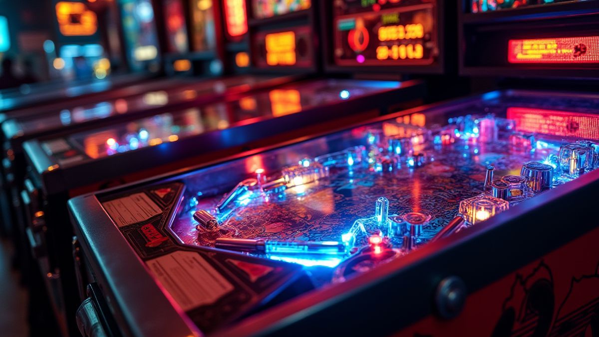 Máquina de pinball estilo retro con luces de neón.