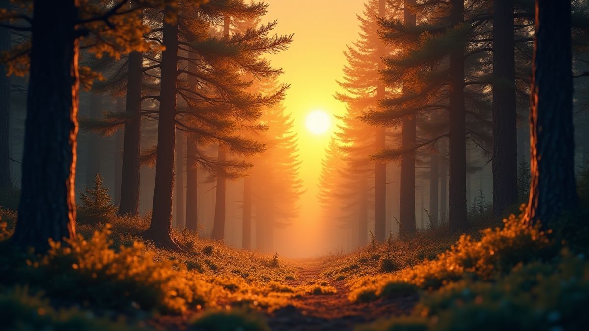 Golden pines glowing in a magical forest.