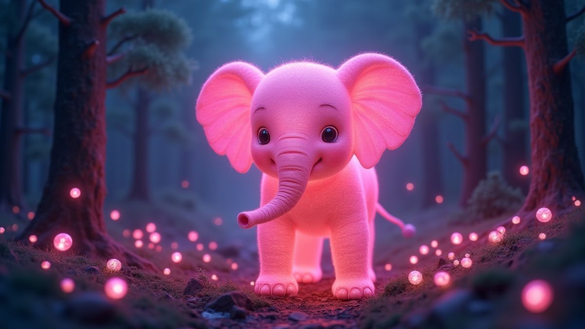 Un éléphant rose brillant entouré d'orbes magiques dans une forêt mystique.