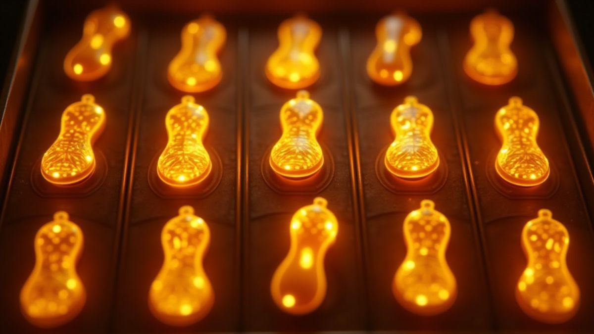 Symboles de cacahuètes dorées brillant sur les rouleaux avec des lumières mystiques.