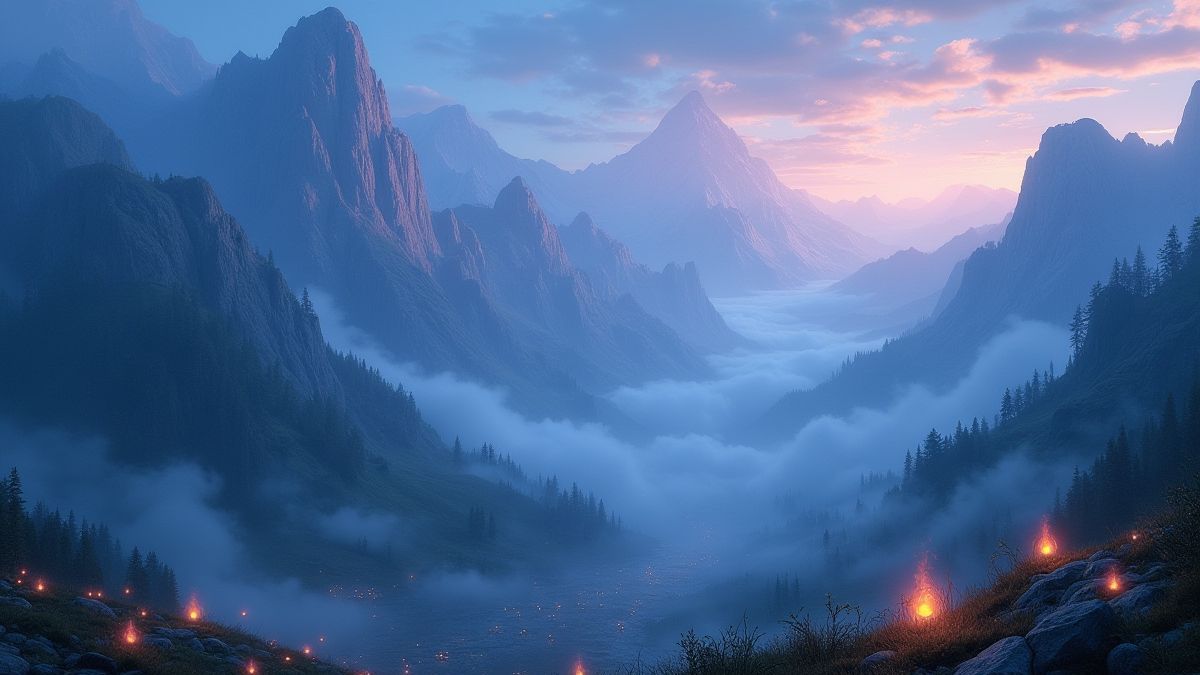 Un paysage montagneux tranquille avec des orbes magiques brillants dans l'environnement.