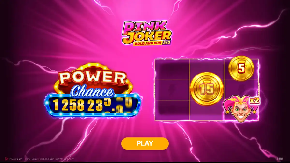 Écran d’introduction de Pink Joker Power Chance avec le jackpot Power Chance et les symboles bonus