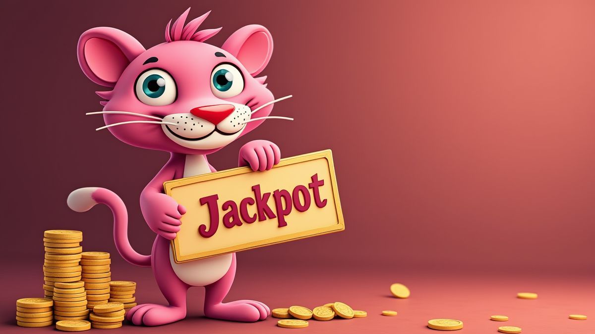 Pink panther holding a jackpot sign with coins around.