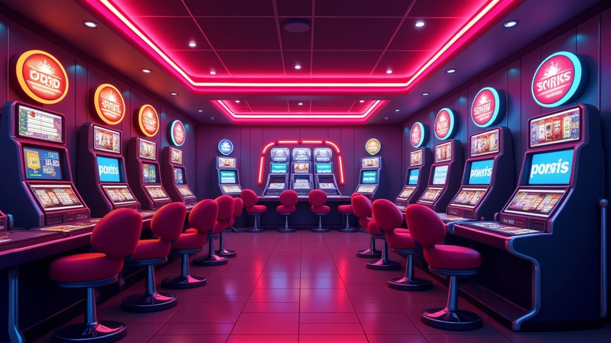 Retro-style casino interior with bright neon lights.
