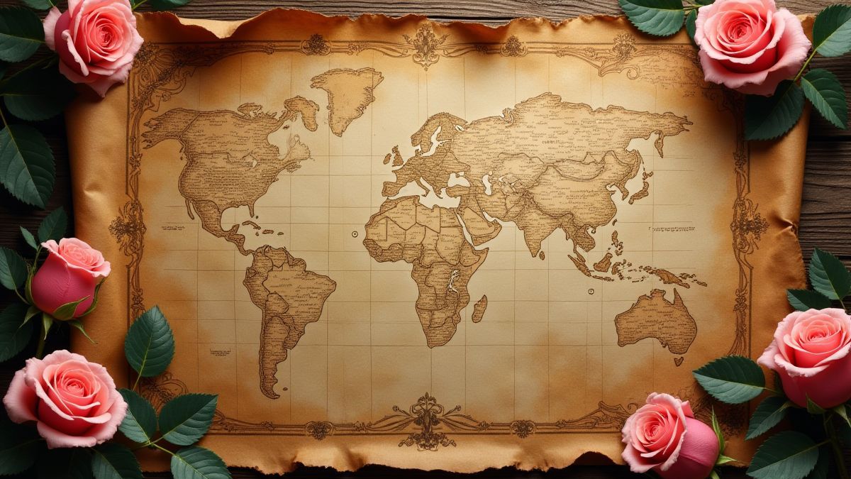 Mapa del tesoro antiguo con marcas piratas y rosas rosas.