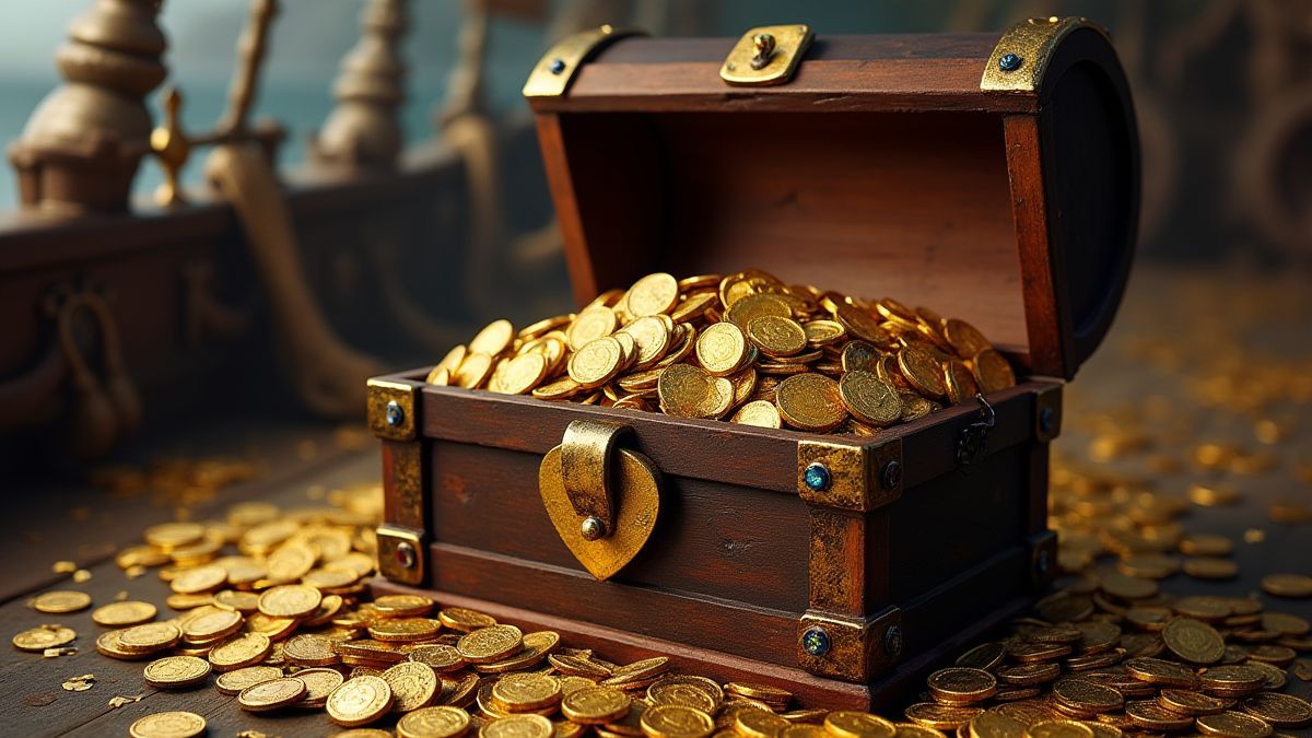Cofre del tesoro lleno de monedas de oro y joyas en un barco pirata.