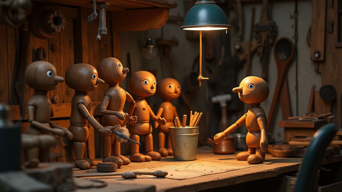 Atelier accueillant avec des marionnettes et des outils.