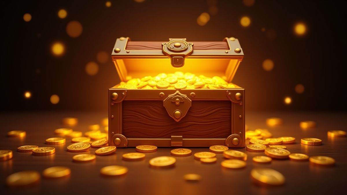 Coffre au trésor entouré de pièces d'or.