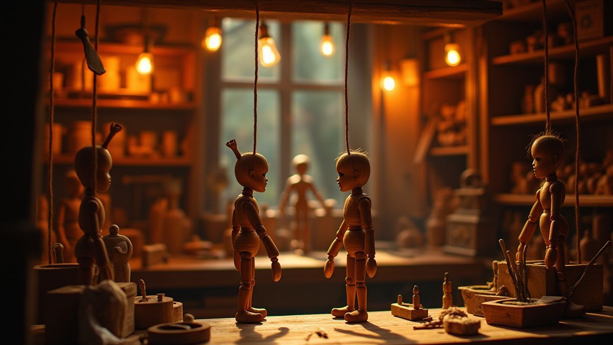 Puppet workshop filled with tools and magical lights.