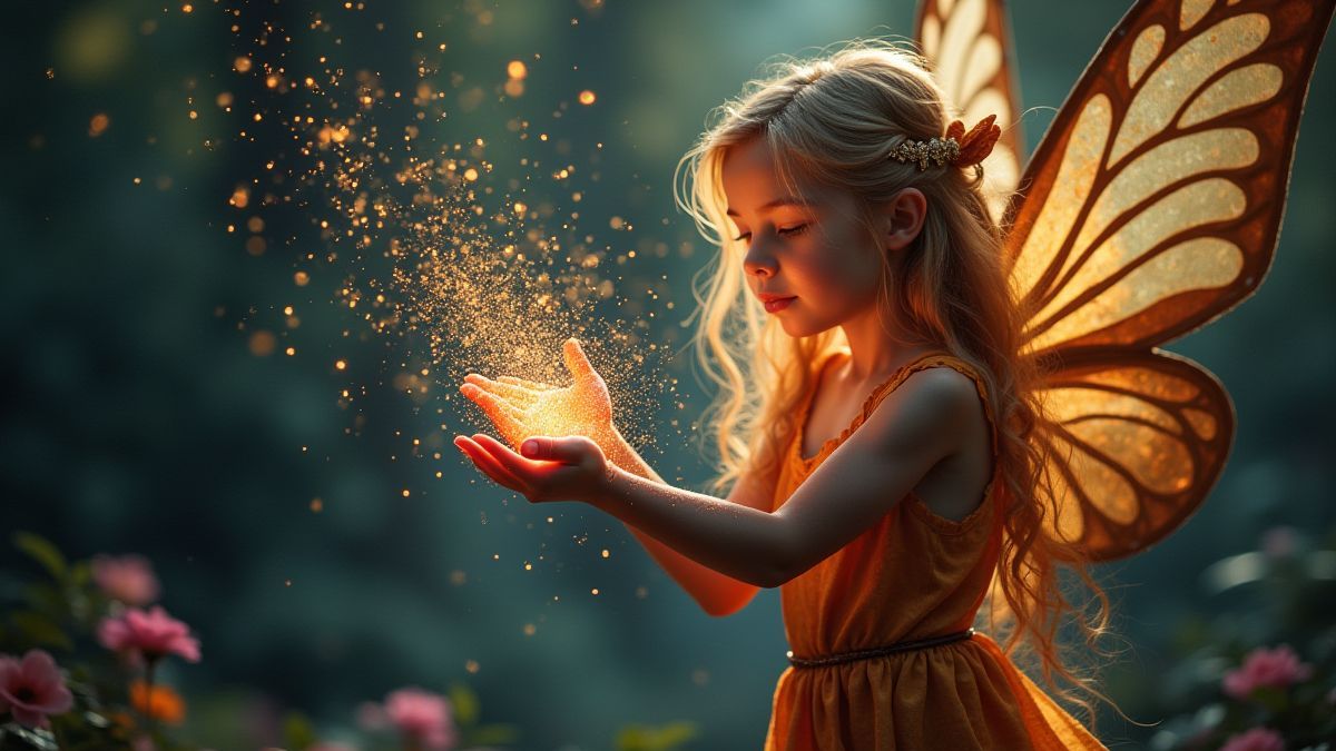 Magical fairy sprinkling glitter over a spinning reel.