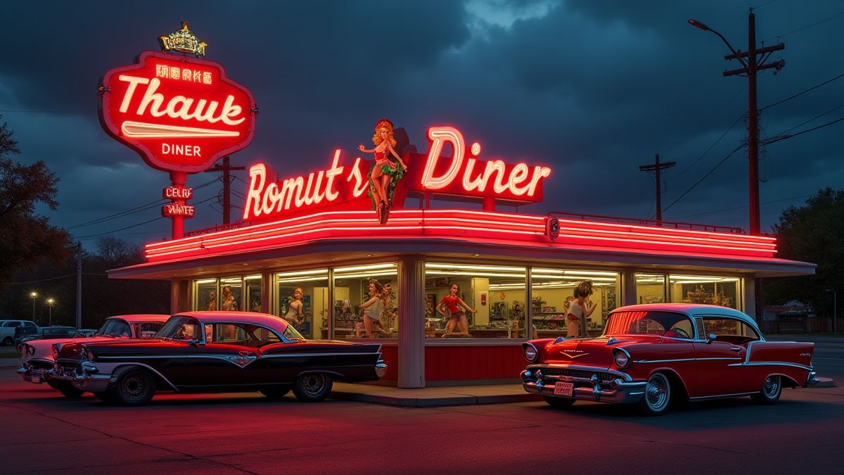 Retro diner with pin-up girls and classic cars.