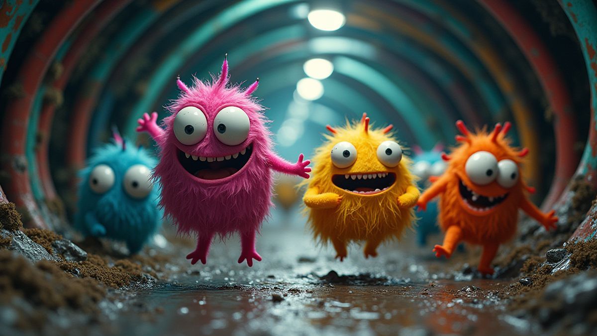 Carrera colorida entre monstruos excéntricos en tuberías subterráneas.