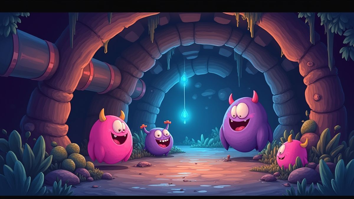 Mundo subterráneo alegre con monstruos animados y tuberías iluminadas.