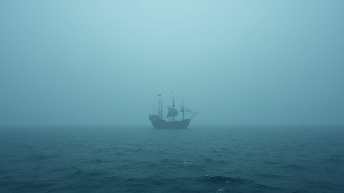 Scène de l'océan brumeux avec un bateau pirate au loin.