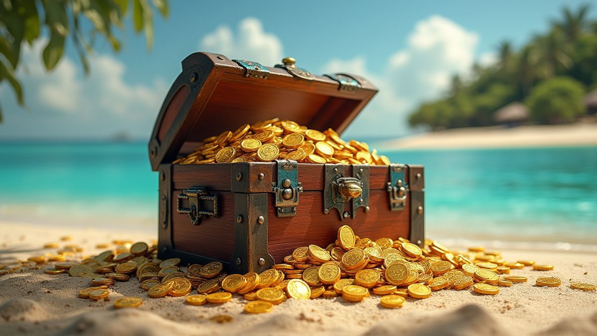 Cofre del tesoro rodeado de monedas y joyas en una isla desierta.