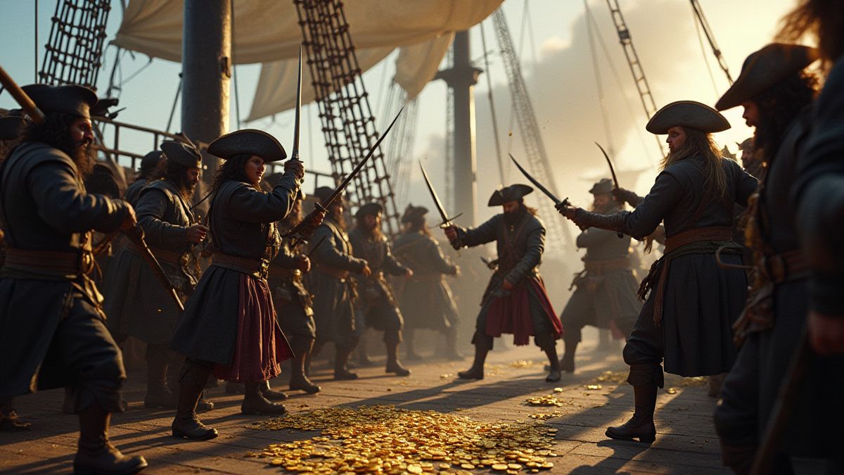 Piratas luchando en la cubierta de un barco con monedas de oro dispersas.