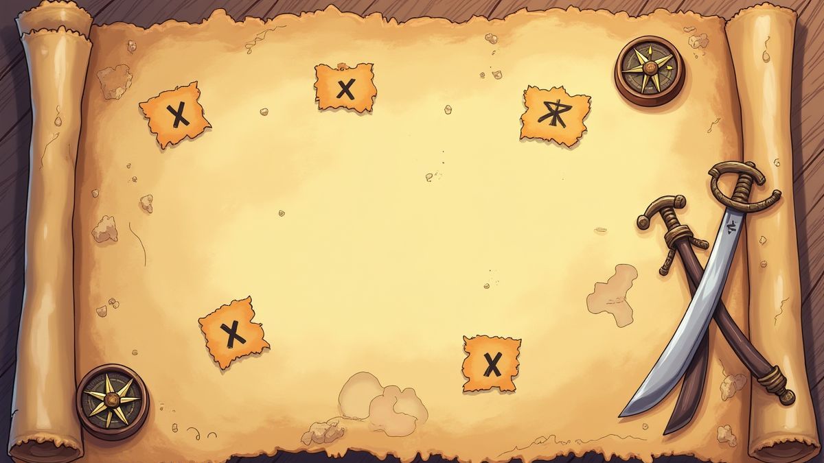 Treasure map with X marks and pirate artifacts.