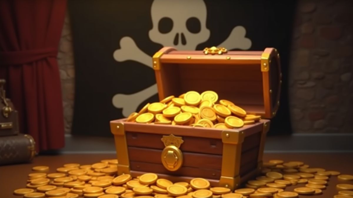 Gold coins spilling out of a treasure chest with a pirate flag in the background.
