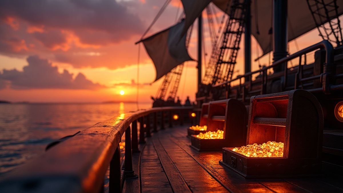 Pirate ship at sunset with glowing treasure chests on the deck.