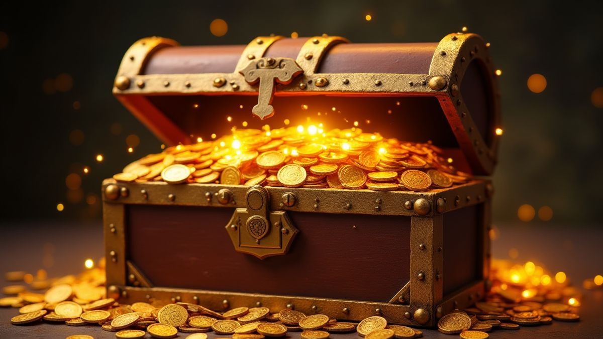 Treasure chest filled with gold coins and sparkling gems.