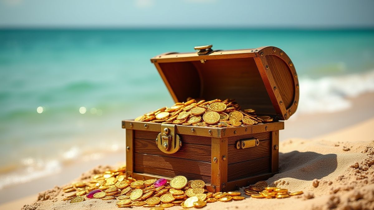 Un coffre au trésor rempli de pièces d'or et de bijoux sur la plage.