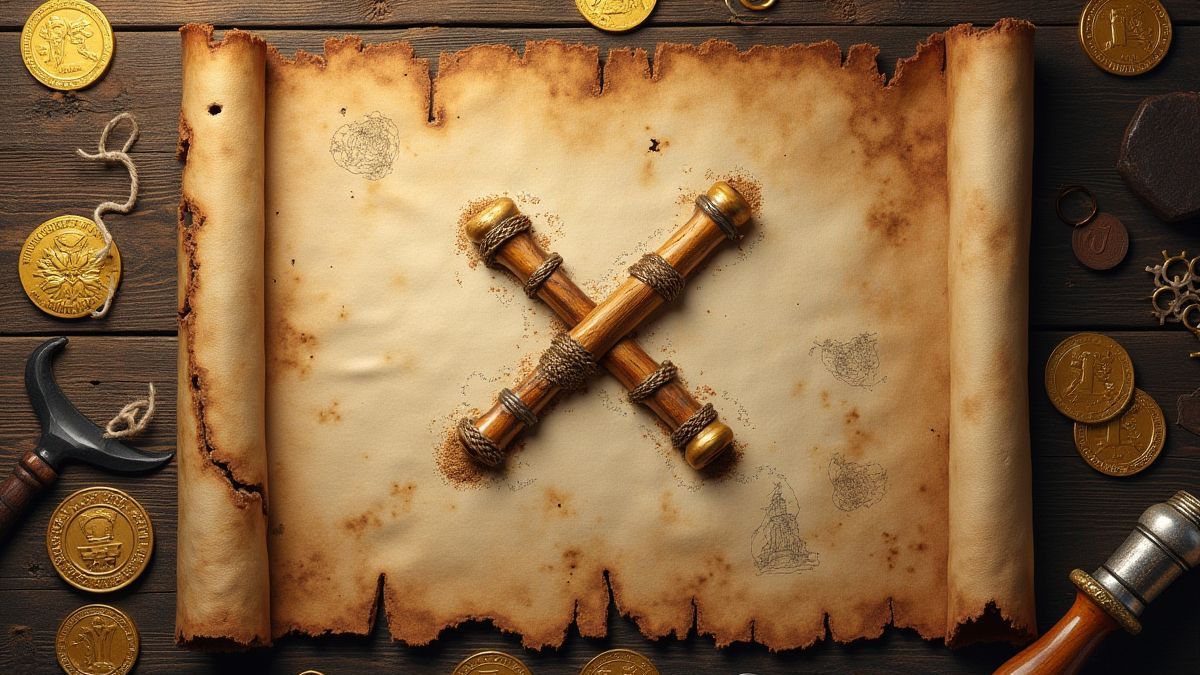 Une carte pirate avec une marque de 'X' entourée de pièces et d'artefacts.