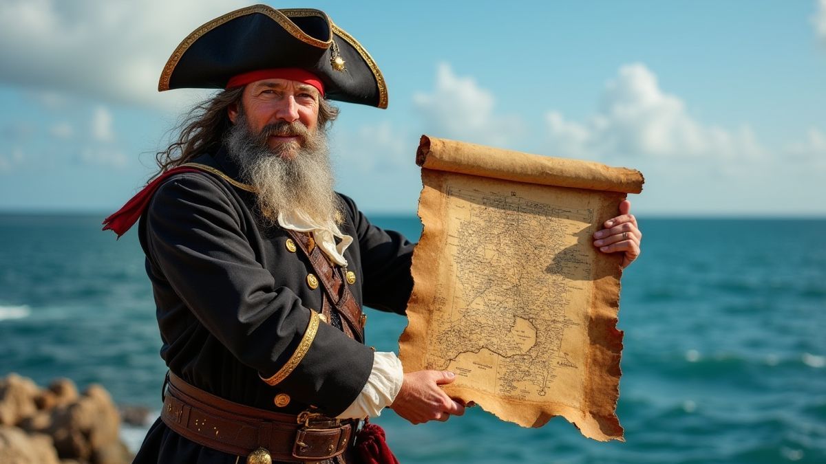 Un capitán pirata sosteniendo un mapa del tesoro con el mar de fondo.