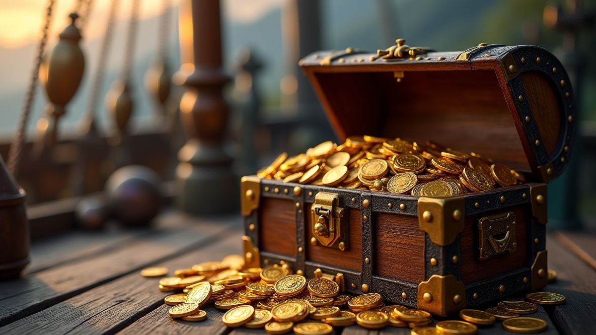 Un cofre del tesoro lleno de monedas de oro y gemas en la cubierta de un barco.
