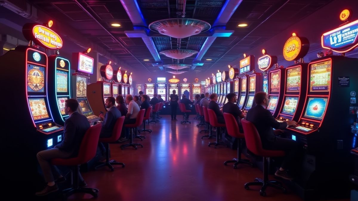 Un animado vestíbulo de casino con luces brillantes y jugadores en máquinas tragamonedas.
