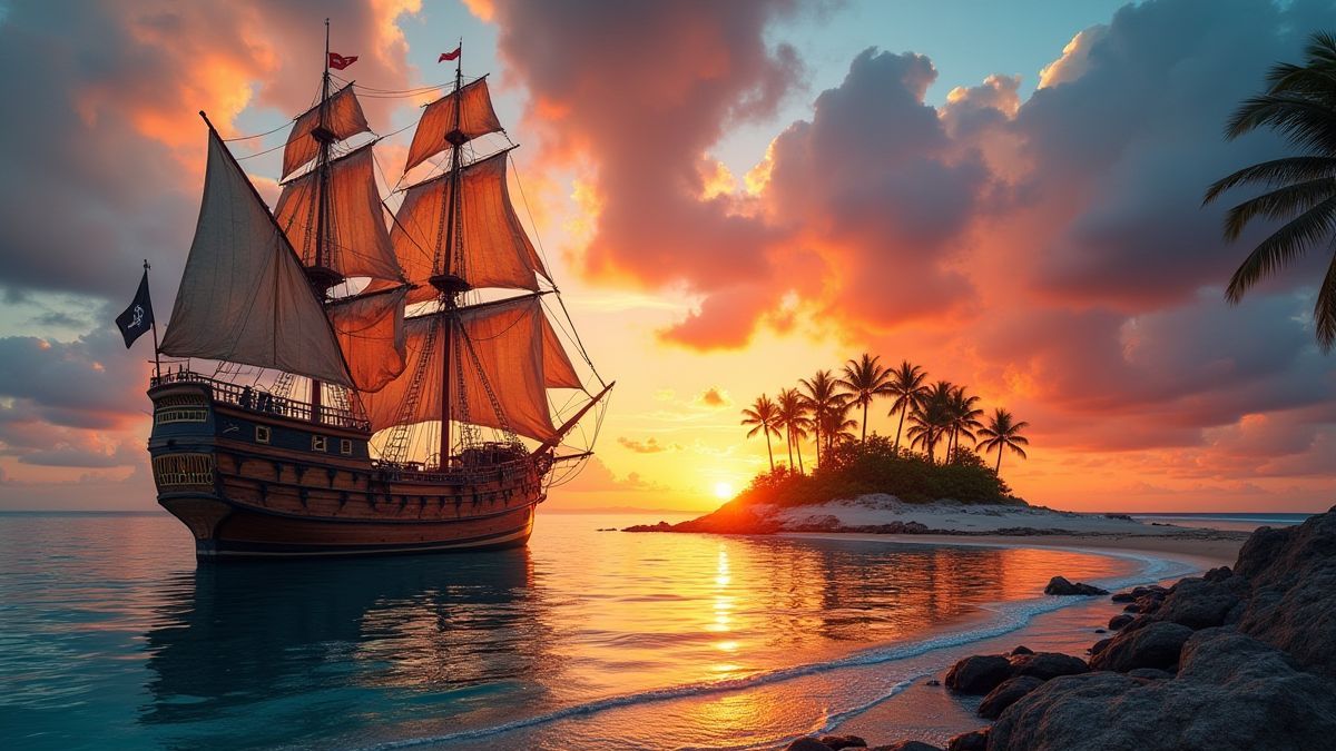 Ein Piratenschiff mit zerrissenen Segeln an einer tropischen Insel unter einem dramatischen Sonnenuntergang.