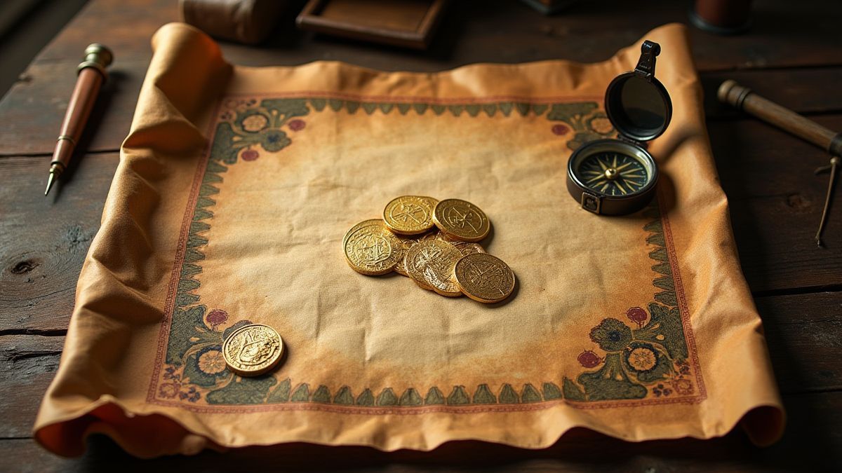 A treasure map with gold coins and a compass on a wooden table.