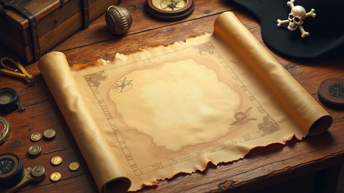 Mapa do tesouro em uma mesa de madeira com moedas e um chapéu de pirata.