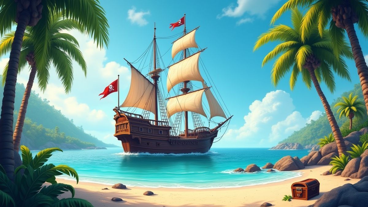 Um barco pirata atracado em uma ilha tropical com cofres de tesouro na praia.