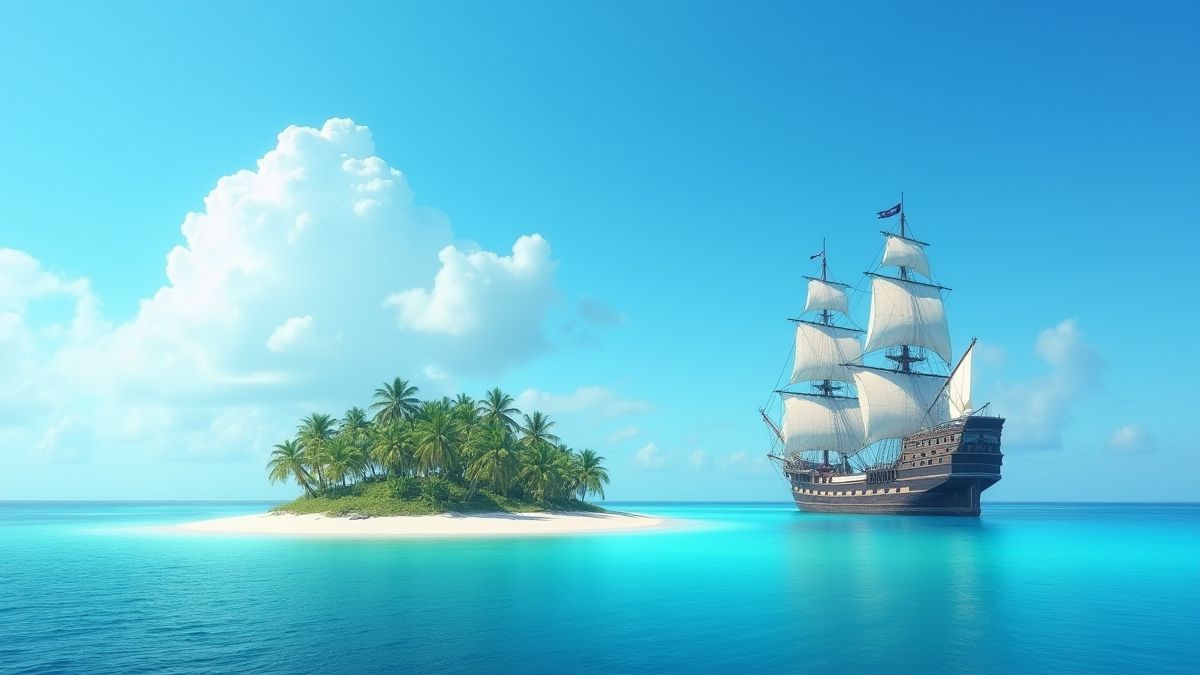 A pirate ship anchored at a small tropical island under a bright blue sky.