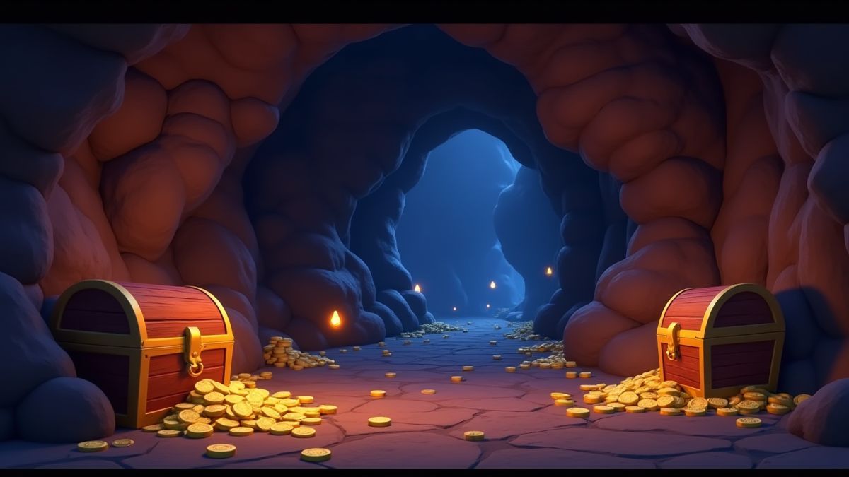Una cueva llena de cofres del tesoro y piedras preciosas.