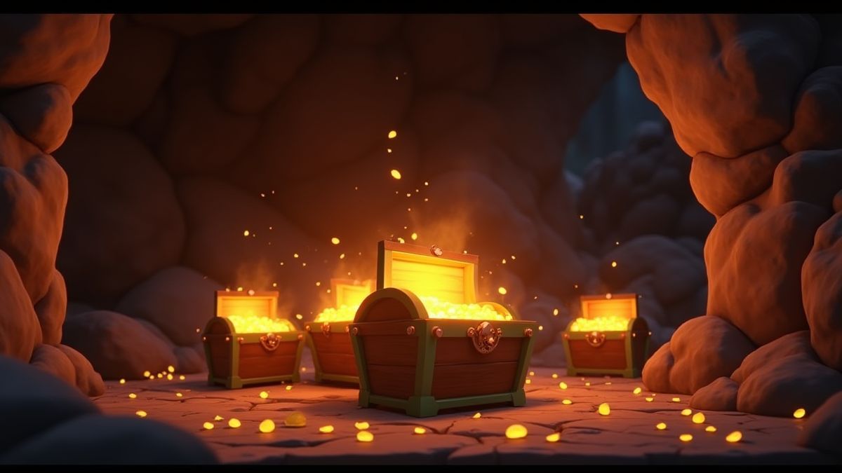 Cofres del tesoro siendo abiertos en una cueva pirata.