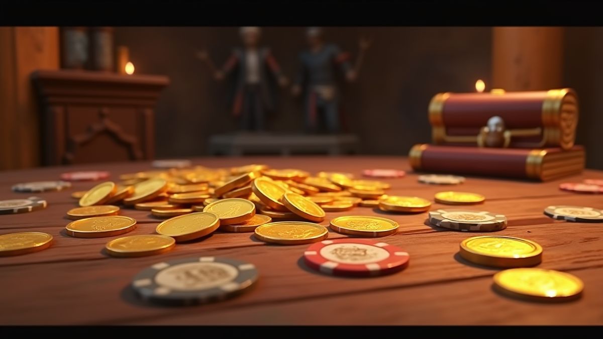 Monedas y fichas de juego en una mesa de madera temática pirata.