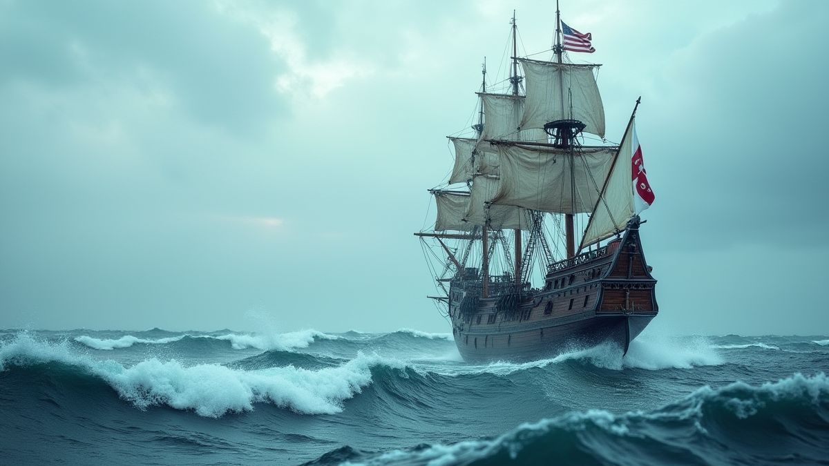 Een piratenschip dat vaart onder een bewolkte lucht.