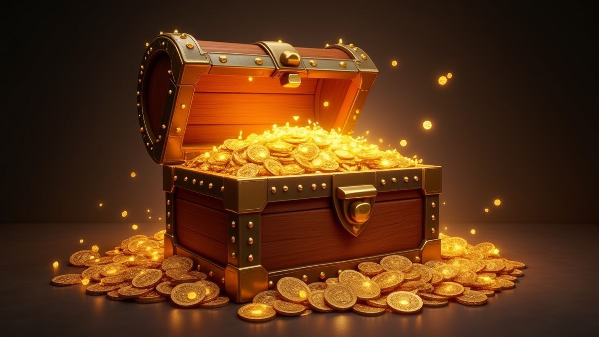 Een schatkist vol met gouden munten en juwelen.