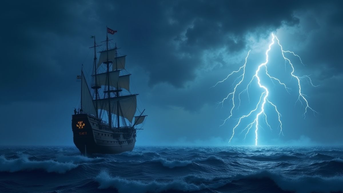 A pirate ship sailing in a storm with lightning illuminating the sky.