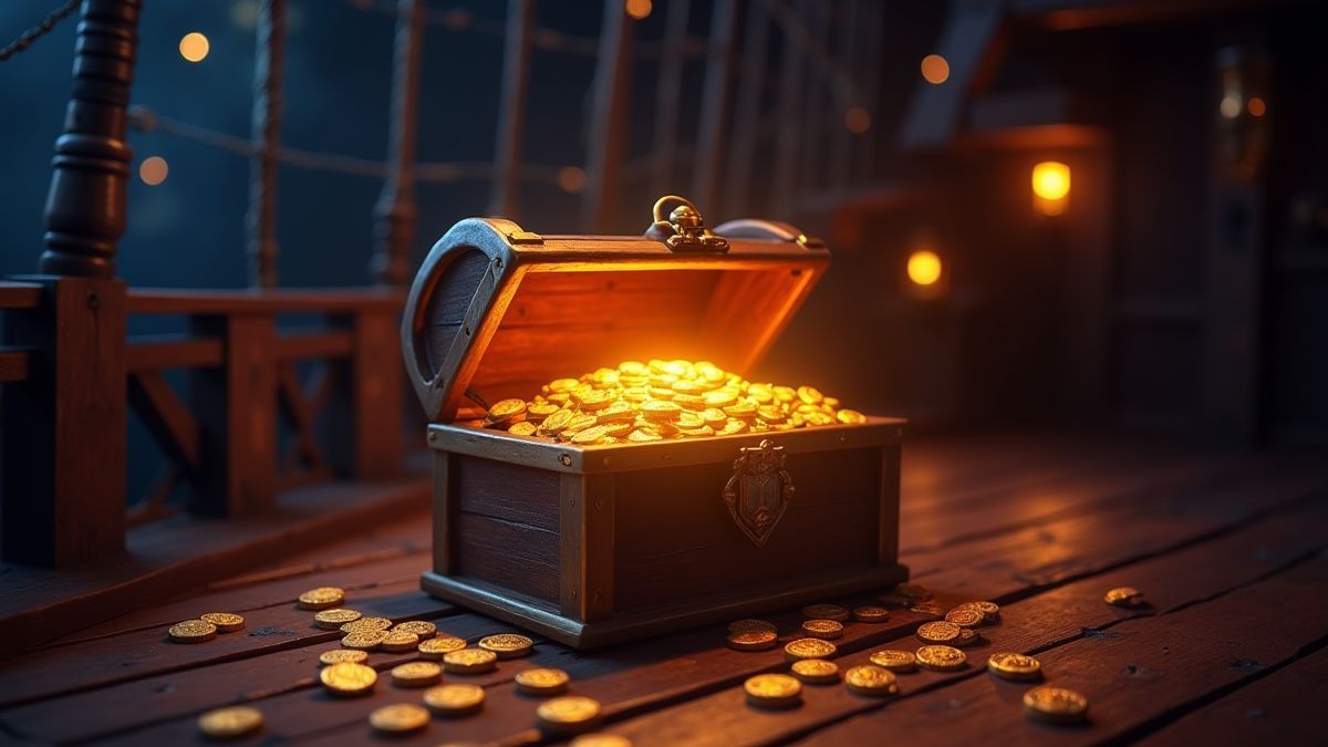 A glowing treasure chest surrounded by gold coins and jewels on the deck of a pirate ship.