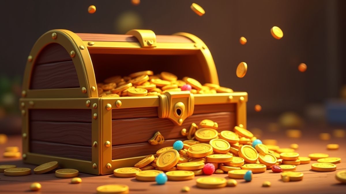 Monedas de oro y joyas saliendo de un cofre del tesoro.