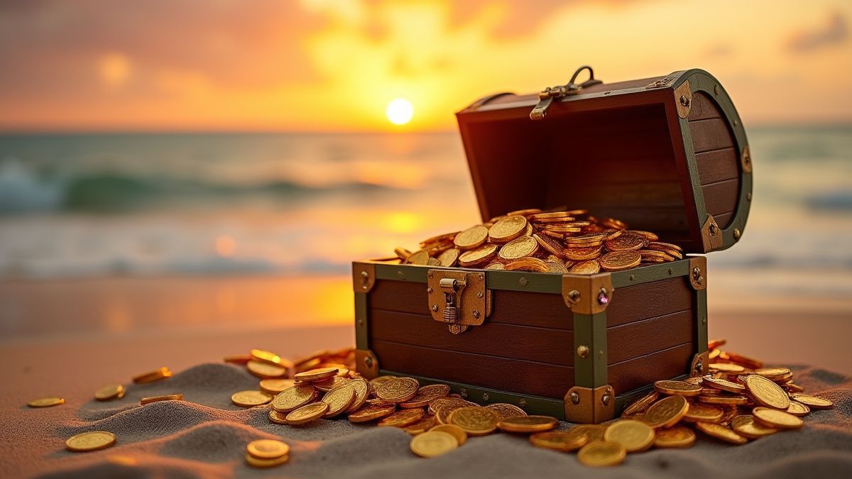 Schatkist vol met gouden munten en juwelen op een zandstrand bij zonsondergang.