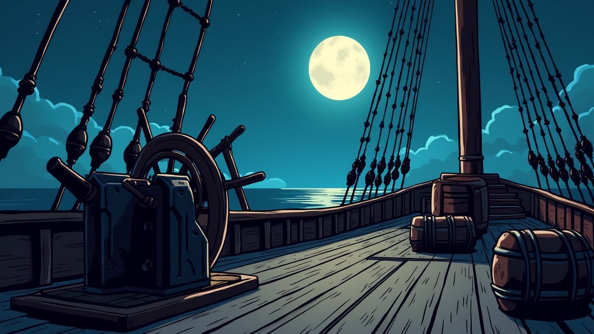 Dek van een piratenschip met een stuurwiel, kanonnen en vaten onder het maanlicht.