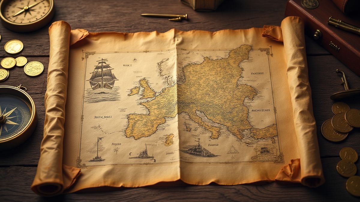 Pirate map on a wooden table with gold coins and a compass.
