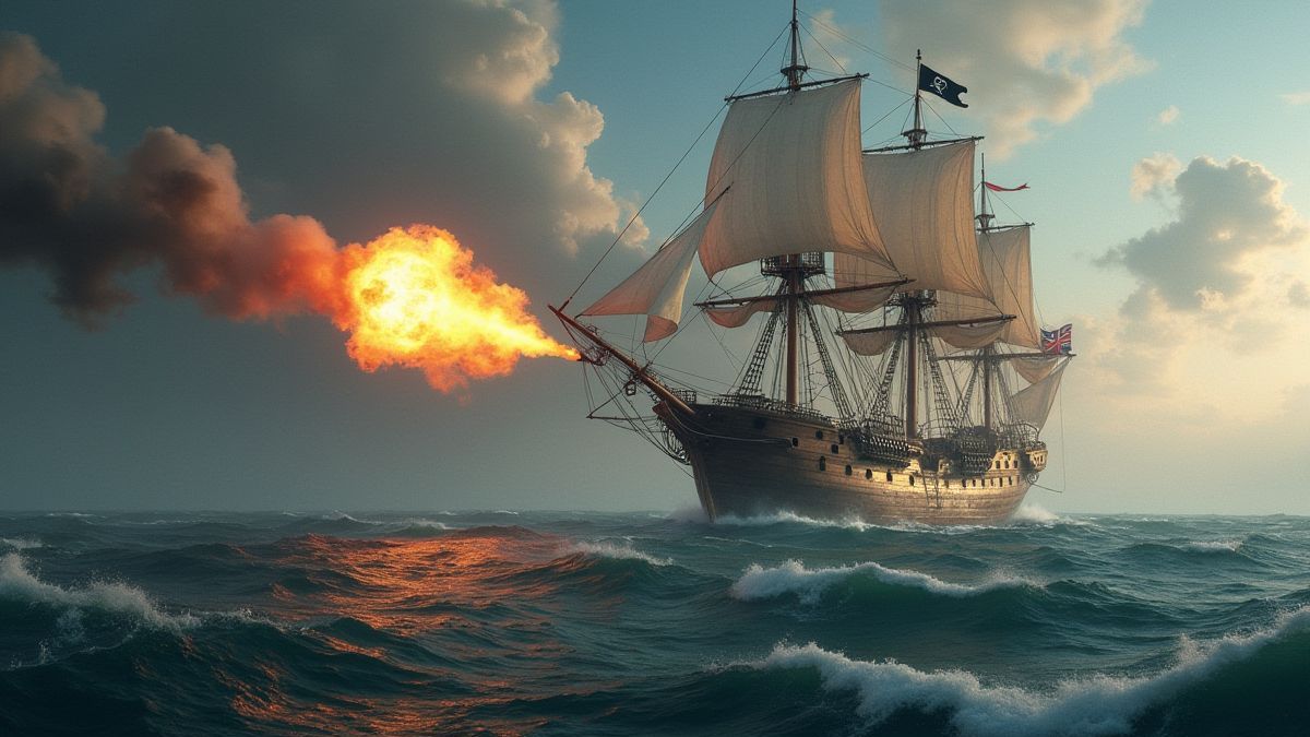 Pirate ship firing cannonballs at another vessel.