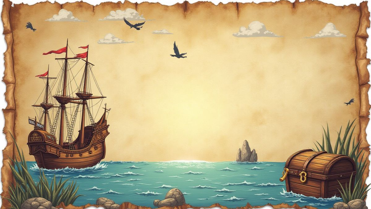 Ein illustriertes Karte mit einem Piratenschiff und einer Schatztruhe.