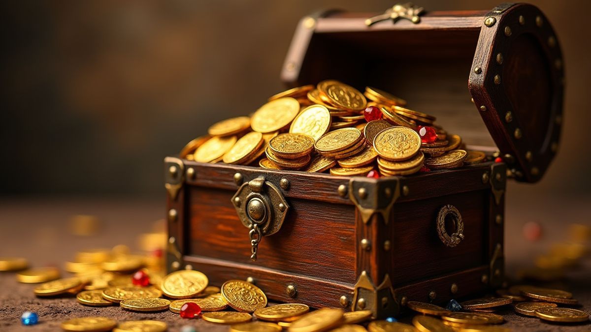 Eine Schatztruhe, die überfließt mit Goldmünzen und Juwelen.