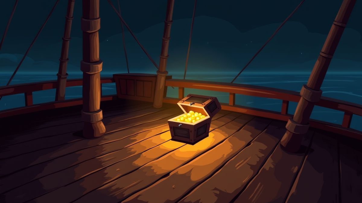 Deck of a pirate ship with a glowing treasure chest.