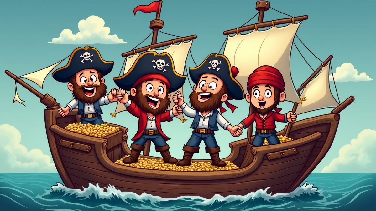 Pirates celebrating their treasure on the high seas.